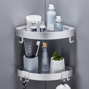 FIISAYL Etagere Douche sans Percage Rangement Salle de Bain Étagère d&apos;angle Douche Support Salle de Bain avec 4 Crochets, Raumfahrt-Aluminium Noir 2 unité