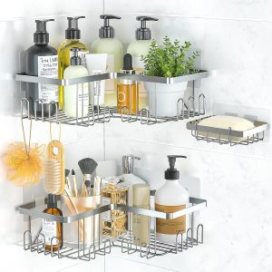 PNNP Etagere Douche Sans Percage Angle: Lot de 2 Etagere Salle de Bain Acier Inoxydable, Rangement Douche pour Bouteilles de Shampoing gel, Porte Savon Douche - Argent