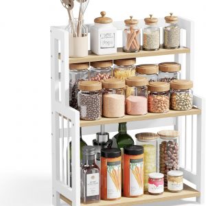 SONGMICS Étagère à Épices, Étagère de Rangement à 3 Niveaux, Organisateur de Bureau, Cadre en Bambou, pour Cuisine, Salle à Manger, Bureau, Marron Rustique et Noir OFS047B01