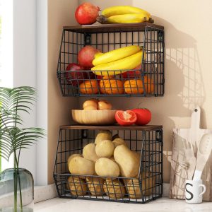 Mefirt Corbeille a Fruit Blanc, Rangement Legumes Cuisine, Kitchen Organizer peut Comme Rangement Fruits et Légumes, Support a Mural et Paniers de Basket Empilables pour Vegetable, Collations