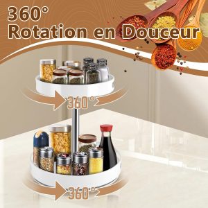 MEKOTRIN Étagère Épices 2 Niveaux, 360° Plateau Tournant pour Rangement Épices Cuisine, Porte-épices à Hauteur Réglable, Lazy Susan de Cuisine, Salon, Toilettes, Organisateur de CosmétiquesBlanc