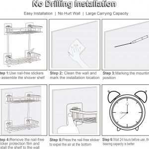 Étagère de Douche Sans Perçage, Etagere Salle de Bain avec Crochets Carré Tablette Murale pour Rangement 2 Étages, D&apos;or Champenois