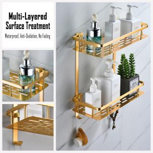 Étagère de Douche Sans Perçage, Etagere Salle de Bain avec Crochets Carré Tablette Murale pour Rangement 2 Étages, D&apos;or Champenois
