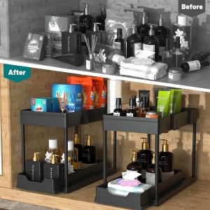 DEKAVA Lot de 2 Rangement sous Évier - Organisateur sous Evier Tiroir Coulissant à Extraction - Rangement Et Organisation De Cuisine - Panier de rangement multifonction pour salle de bain - Noir