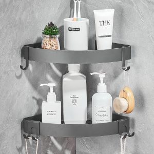 GERUIKE Étagère de Douche d&apos;angle sans Perçage Adhésif Etagere de Rangement Douche Angle Organisateur Salle de Bain Argent en Aluminium Mural 2 Pièces Porte Gel Shampoing Douche