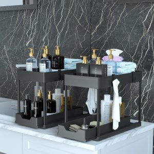 DEKAVA Lot de 2 Rangement sous Évier - Organisateur sous Evier Tiroir Coulissant à Extraction - Rangement Et Organisation De Cuisine - Panier de rangement multifonction pour salle de bain - Noir