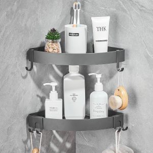 FIISAYL Etagere Douche sans Percage Rangement Salle de Bain Étagère d&apos;angle Douche Support Salle de Bain avec 4 Crochets, Raumfahrt-Aluminium Noir 2 unité