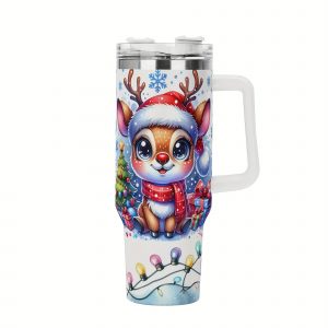 Gobelet isotherme en acier inoxydable de 40 onces à thème de Noël avec motif mignon de cerf, couvercle et paille - sans BPA, idéal pour Halloween, Noël, la Fête des Pères et la Fête des Mères