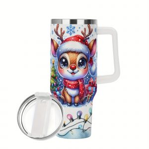 Gobelet isotherme en acier inoxydable de 40 onces à thème de Noël avec motif mignon de cerf, couvercle et paille - sans BPA, idéal pour Halloween, Noël, la Fête des Pères et la Fête des Mères
