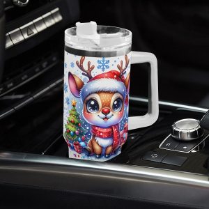 Gobelet isotherme en acier inoxydable de 40 onces à thème de Noël avec motif mignon de cerf, couvercle et paille - sans BPA, idéal pour Halloween, Noël, la Fête des Pères et la Fête des Mères