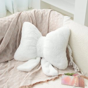 Oreiller de canapé avec ruban à nœud rose, imitation fourrure de lapin, coussin de siège de voiture confortable, style ins, coussin de dos simple assorti avec tout