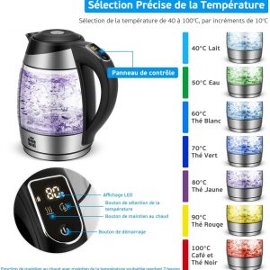 FOR ME Bouilloire Électrique en Verre 1.8L, Contrôle de la Température, Température Réglable à Partir de 40°C à 100°C, Éclairage LED 7 Couleurs, Fonction de Maintien au Chaud, Sans BPA