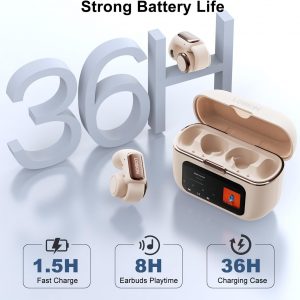 LOBKIN Écouteurs à Clip, Open Ear Earbuds sans Fil Bluetooth 5.4, Casque Conduction Osseuse avec Écran LED et Mémoire de 4 Go, Microphone HD Intégré, 36 Heures d&amp;apos;Autonomie