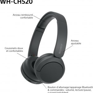 Sony WH-CH520 - Casque Bluetooth sans Fil, Multipoint, Micro intégré - jusqu&amp;apos;à 50 Heures d&amp;apos;autonomie et Charge Rapide - Noir