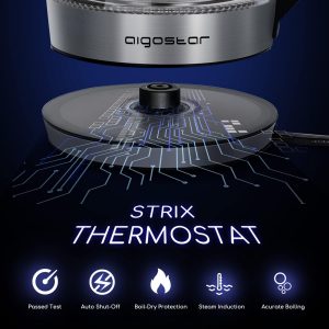Aigostar Cris - Bouilloire en verre Température Réglable 2200W, 1.7L. Thermostat Réglable 60 à 100ºC et fonction maintien au chaud, Filtre à thé amovible, éclairage LED de couleurs, Sans BPA.