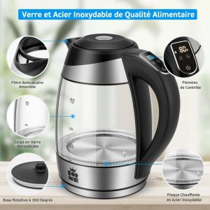 FOR ME Bouilloire Électrique en Verre 1.8L, Contrôle de la Température, Température Réglable à Partir de 40°C à 100°C, Éclairage LED 7 Couleurs, Fonction de Maintien au Chaud, Sans BPA