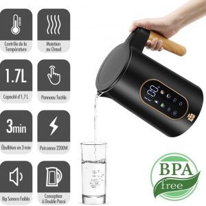 ForMe Bouilloire Electrique Inox 1,7L Contrôle de Température Réglable 40-100°C I LED Affichage de la Température I Fonction de Maintien au Chaud I Protection Anti-ébullition I Théière Sans BPA