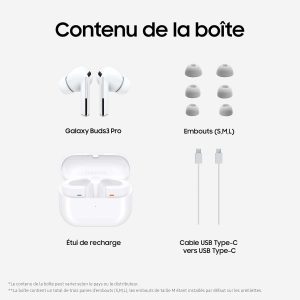 Samsung Galaxy Buds3 Pro, Écouteurs sans Fil, Réduction Active de Bruit, Bluetooth, Blanc, Audio 360, Galaxy AI, Chargeur Secteur Inclus, Version FR [Exclusivité Amazon]