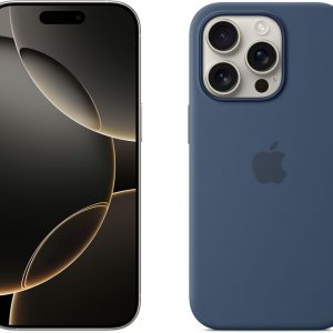 Apple iPhone 16 Pro 1 to - Titane Blanc + Coque en Silicone avec MagSafe - Denim