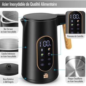 ForMe Bouilloire Electrique Inox 1,7L Contrôle de Température Réglable 40-100°C I LED Affichage de la Température I Fonction de Maintien au Chaud I Protection Anti-ébullition I Théière Sans BPA