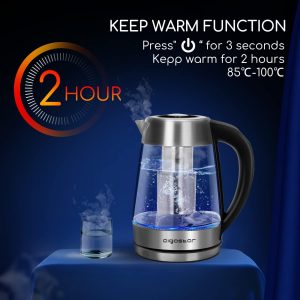 Aigostar Cris - Bouilloire en verre Température Réglable 2200W, 1.7L. Thermostat Réglable 60 à 100ºC et fonction maintien au chaud, Filtre à thé amovible, éclairage LED de couleurs, Sans BPA.