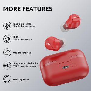 TOZO Hybrid Écouteurs Bluetooth sans Fil, Ecouteurs Bluetooth 5.3 avec Hybride ANC 6 Mics ENC ORIGX 2.0 Acoustique, EQs Ajustement, 59H d&amp;apos;Autonomie, LED Écran, USB Type C, IPX8 Rouge