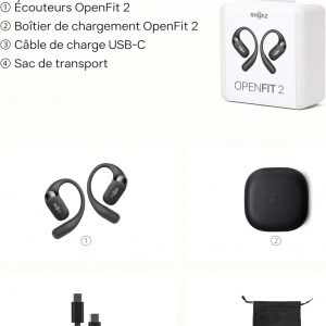 SHOKZ OpenFit 2 Casque à Oreilles Libres, écouteurs Bluetooth sans Fil avec Micro, écouteurs avec Crochet d&apos;oreille et 48 Heures de Lecture, Charge Rapide, résistance IP55, Sac de Transport, Noir