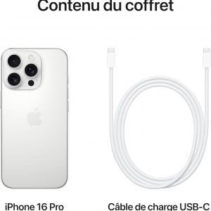 Apple iPhone 16 Pro 1 to - Titane Blanc + Coque en Silicone avec MagSafe - Denim