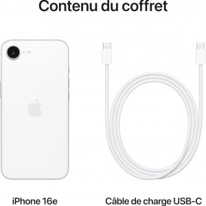Apple iPhone 16e 128 Go : Conçu pour Apple Intelligence, Puce A18, Autonomie de Taille, Caméra Fusion 48 Mpx, Écran Super Retina XDR de 6,1 Pouces; Blanc