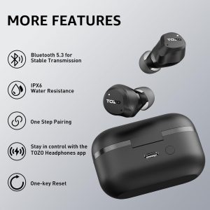 TOZO Hybrid Écouteurs Bluetooth sans Fil, Ecouteurs Bluetooth 5.3 avec Hybride ANC 6 Mics ENC ORIGX 2.0 Acoustique, EQs Ajustement, 59H d&amp;apos;Autonomie, LED Écran, USB Type C, IPX8 Noir