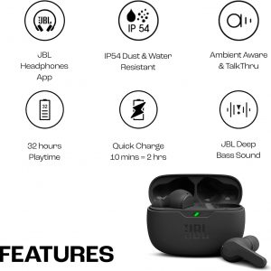 JBL Wave Beam, Écouteurs Intra-Auriculaires sans Fil, Résistance à l&amp;apos;Eau IP54 et IPX2, Appels Mains Libres et Batterie à Autonomie de 32 heures, en Noir