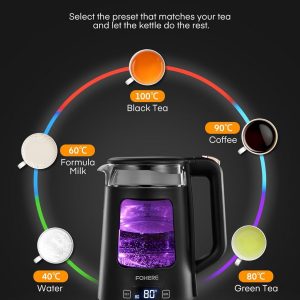 Bouilloire Électrique, 1.7L Bouilloire en Verre avec Maintien au Chaud, 5 Contrôles de Température, 2200W Ébullition Rapide, Arrêt Automatique et Protection Contre L&amp;apos;ébullition à Sec