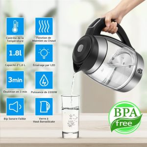 FOR ME Bouilloire Électrique en Verre 1.8L, Contrôle de la Température, Température Réglable à Partir de 40°C à 100°C, Éclairage LED 7 Couleurs, Fonction de Maintien au Chaud, Sans BPA
