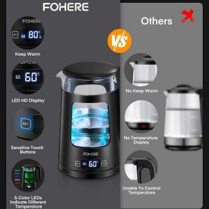 Bouilloire Électrique, 1.7L Bouilloire en Verre avec Maintien au Chaud, 5 Contrôles de Température, 2200W Ébullition Rapide, Arrêt Automatique et Protection Contre L&amp;apos;ébullition à Sec