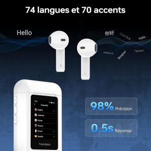 ANFIER Écouteurs de traducteur A8 en temps réel - Aucune application requise - Utilisation indépendante - Appareil de traducteur pour 144 langues et accents pour les voyages d&amp;apos;affaires et une