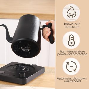 Bouilloire électrique Smart col de cygne 1.0 litre avec réglage de la température, 40-100°C ajustable, 304 acier inoxydable, 36 heures de conservation thermique, Anti-Dry Burn Protection, Matte Black