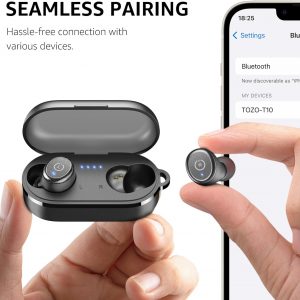 TOZO T10 Écouteurs Bluetooth sans Fil Ecouteurs Bluetooth 5.3 avec Contrôle Tactile ORIGX 2.0 Acoustique EQ Ajustement 55H d&amp;apos;Autonomie Soutient Chargement sans Fil et USB Type C IPX8 Noir Mat