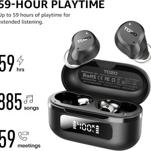 TOZO Hybrid Écouteurs Bluetooth sans Fil, Ecouteurs Bluetooth 5.3 avec Hybride ANC 6 Mics ENC ORIGX 2.0 Acoustique, EQs Ajustement, 59H d&amp;apos;Autonomie, LED Écran, USB Type C, IPX8 Noir
