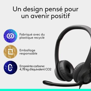 Logitech H390 Casque Filaire pour PC/Ordinateur Portable, Casque Stéréo avec Microphone Antibruit, USB-A, Commandes En Ligne, Compatible avec Chromebook - Noir