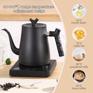 Bouilloire électrique Smart col de cygne 1.0 litre avec réglage de la température, 40-100°C ajustable, 304 acier inoxydable, 36 heures de conservation thermique, Anti-Dry Burn Protection, Matte Black