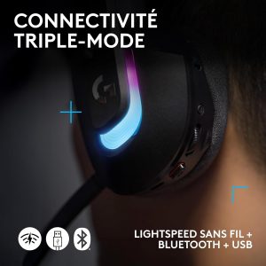 Logitech G G522 LIGHTSPEED casque gaming sans fil, LIGHTSYNC RVB, micro bande passante complète et audio synchronisé avancé, triple connectivité - LIGHTSPEED, Bluetooth, USB-A vers USB-C pour PC -Noir