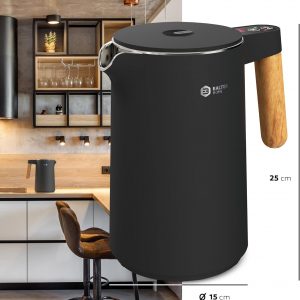 BALTER Bouilloire électrique, en acier inoxydable avec réglage de température, 45 °C - 100 °C, double paroi, sans BPA, garde la chaleur, bouilloire avec affichage de la température, 1,5 L, noire