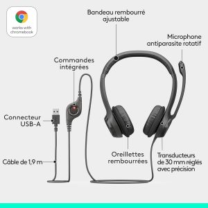 Logitech H390 Casque Filaire pour PC/Ordinateur Portable, Casque Stéréo avec Microphone Antibruit, USB-A, Commandes En Ligne, Compatible avec Chromebook - Noir