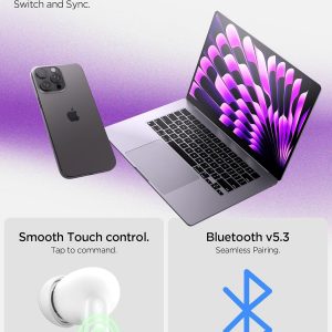 Spigen SA-TW S10 Écouteurs sans Fil, ANC 28dB, Mode Transparence, 30h, EQ, 4 micros, Mode Jeu, 10mm, IPX5 - Blanc