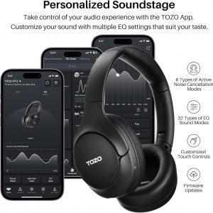TOZO HT2 Casque Bluetooth sans Fil Ecouteurs Bluetooth 5.3 avec ANC Hybride Hi-Res Audio et ORIGX Acoustique 40mm Contrôleur EQ Ajustement 60H d&amp;apos;Autonomie 3.5mm AUX Audio Câble et USB Type C Noir
