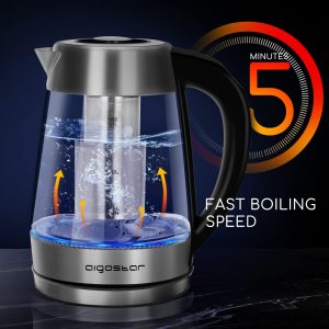 Aigostar Cris - Bouilloire en verre Température Réglable 2200W, 1.7L. Thermostat Réglable 60 à 100ºC et fonction maintien au chaud, Filtre à thé amovible, éclairage LED de couleurs, Sans BPA.