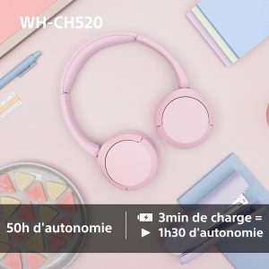 Sony WH-CH520 - Casque Bluetooth sans Fil, Multipoint, Micro intégré - jusqu&amp;apos;à 50 Heures d&amp;apos;autonomie et Charge Rapide - Noir