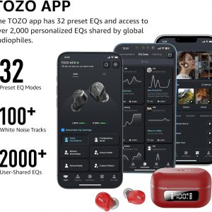 TOZO Hybrid Écouteurs Bluetooth sans Fil, Ecouteurs Bluetooth 5.3 avec Hybride ANC 6 Mics ENC ORIGX 2.0 Acoustique, EQs Ajustement, 59H d&amp;apos;Autonomie, LED Écran, USB Type C, IPX8 Rouge