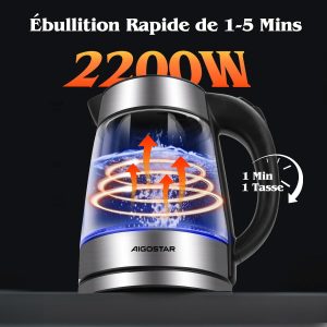 Aigostar Bouilloire Electrique Verre Inox 1,7 litres - Ébullition Rapide Bouilloire électrique 2200W, Sans Fil, éclairage LED, Verre Borosilicaté, Sans BPA, Filtre Anticalcaire, Fermeture Automatique