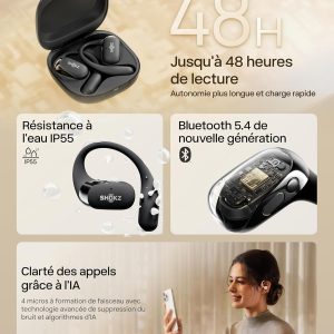 SHOKZ OpenFit 2 Casque à Oreilles Libres, écouteurs Bluetooth sans Fil avec Micro, écouteurs avec Crochet d&apos;oreille et 48 Heures de Lecture, Charge Rapide, résistance IP55, Sac de Transport, Noir